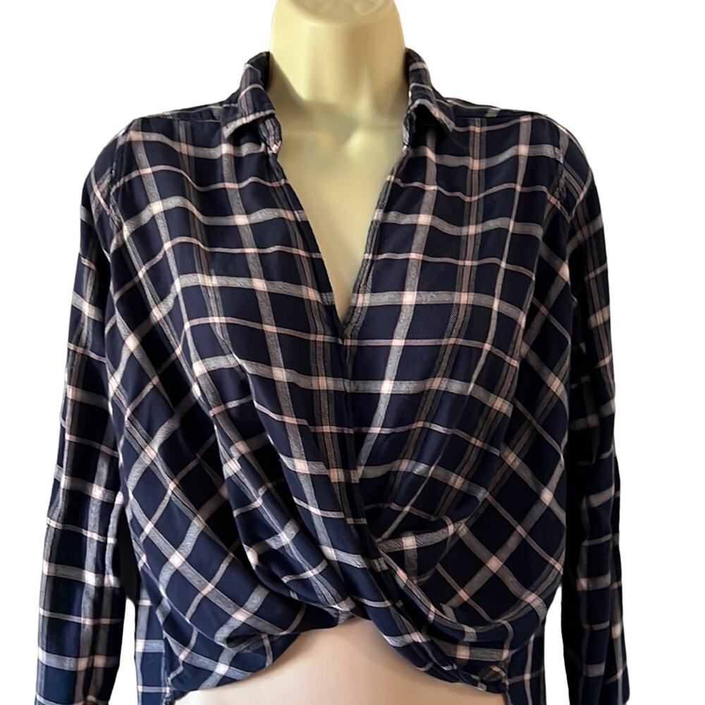 Hollister Blue Plaid Blouse Size XS Cross Front Draped Flowy Long Sleeve Y2K